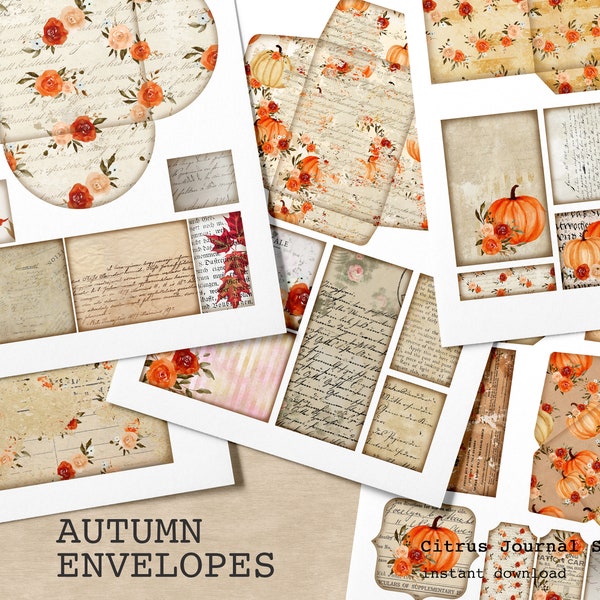 Autumn Envelope, Floral Pumpkin, Orange Rose, Coin Envelope, Junk Journaling, Pumpkins Ephemera, Fall Junk Journal Kit, Vintage Envelope