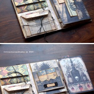 May include: A handmade, multi-layered journal with a dark, gothic theme. The cover features a black and white illustration of a skull and a bottle with vines. The inside pages are decorated with patterned paper, envelopes, and ephemera. The journal is tied closed with a black ribbon.