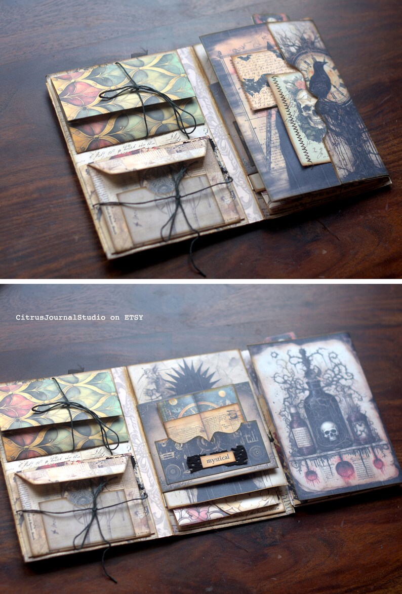 May include: A handmade, multi-layered journal with a dark, gothic theme. The cover features a black and white illustration of a skull and a bottle with vines. The inside pages are decorated with patterned paper, envelopes, and ephemera. The journal is tied closed with a black ribbon.