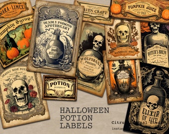 Halloween Ephemera, Skull ATC, Potion Labels, Digital Kit, Vintage Halloween, Junk Journaling, Pumpkin Cards, Apothecary, Poison, Wolfsbane