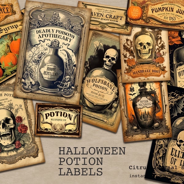 Halloween Ephemera, Skull ATC, Potion Labels, Digital Kit, Vintage Halloween, Junk Journaling, Pumpkin Cards, Apothecary, Poison, Wolfsbane