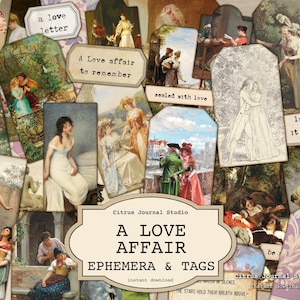 Zestaw dziennika „Love Affair Junk”, romantyczne tagi, zabytkowe tagi miłosne, wiktoriańskie tagi, miłosne drobiazgi, zestaw na Walentynki, dziennik „Junk Journal Ephemera”