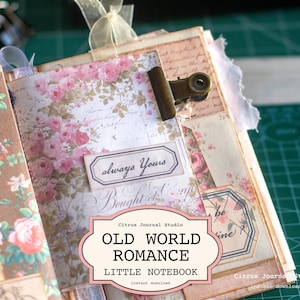 May include: A small, open notebook with a vintage aesthetic. The cover features floral patterns in pink and cream, with the text "always Yours" and "OLD WORLD ROMANCE LITTLE NOTEBOOK". A metal clip holds a page, and a ribbon is attached.