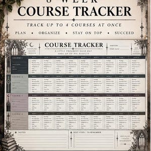 8-veckors kursuppföljare | GoodNotes högskoleplanerare | Dark Academia studentplanerare | Digital akademisk uppföljare | A4 PDF utskrivbar