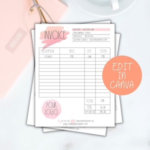 K&ouml;nnte beinhalten: Ein Stapel wei&szlig;er Rechnungen mit rosa Akzenten. Das Wort "INVOICE" steht oben, mit einem rosa Pinselstrich-Design. Die Rechnung enth&auml;lt Felder f&uuml;r Kundeninformationen, Beschreibung, Preis, Menge und Gesamtbetrag. Ein rosa Kreis sagt "EDIT IN CANVA".