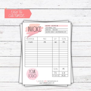 K&ouml;nnte beinhalten: Ein Stapel wei&szlig;er Rechnungsbl&auml;tter mit rosa Aquarellakzenten. Das Wort "INVOICE" steht oben, mit Feldern f&uuml;r Kundendaten und Bestellinformationen. Die Rechnung enth&auml;lt einen Artikel f&uuml;r "FLOWERS" und einen Bereich f&uuml;r ein Logo.