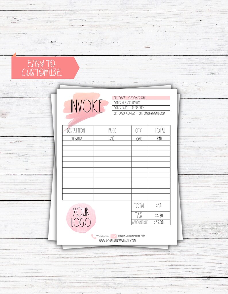K&ouml;nnte beinhalten: Ein Stapel wei&szlig;er Rechnungsbl&auml;tter mit rosa Aquarellakzenten. Das Wort "INVOICE" steht oben, mit Feldern f&uuml;r Kundendaten und Bestellinformationen. Die Rechnung enth&auml;lt einen Artikel f&uuml;r "FLOWERS" und einen Bereich f&uuml;r ein Logo.