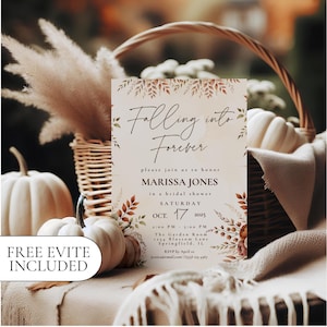May include: A bridal shower invitation with the text "Falling into Forever" and details for Marissa Jones' shower on October 17, 2025. The design features fall foliage and is set against a backdrop of pumpkins and a woven basket.
