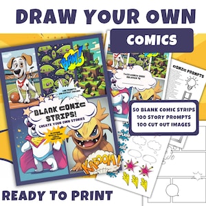 May include: A printable comic book kit with 50 blank comic strips, 100 story prompts, and 100 cut-out images. The cover features a cartoon dog, a monster, and a superhero.