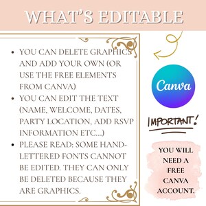 May include: A light pink and white graphic with the text "WHAT'S EDITABLE" at the top. The image explains how to edit graphics and text using Canva. A Canva logo is present, along with the text "IMPORTANT!" and "YOU WILL NEED A FREE CANVA ACCOUNT."