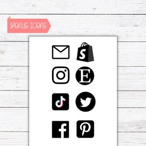 K&ouml;nnte beinhalten: Ein wei&szlig;es Blatt Papier mit schwarzen Social-Media-Symbolen, darunter eine Einkaufstasche, Instagram-, Etsy-, TikTok-, Twitter-, Facebook- und Pinterest-Logos. Der Text "BONUS ICONS" befindet sich in einem rosa Banner oben.