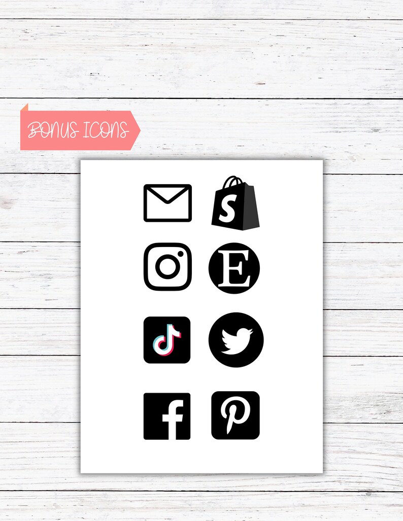 K&ouml;nnte beinhalten: Ein wei&szlig;es Blatt Papier mit schwarzen Social-Media-Symbolen, darunter eine Einkaufstasche, Instagram-, Etsy-, TikTok-, Twitter-, Facebook- und Pinterest-Logos. Der Text "BONUS ICONS" befindet sich in einem rosa Banner oben.