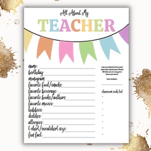 Favorite Things List, Teacher Survey, All About My Teacher Printable, Teacher Appreciation Digital Download, Student Teacher Gift