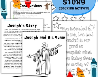 May include: A black and white coloring page featuring a biblical story about Joseph and his coat of many colors. The text reads "You intended to harm me, but God intended it for good to accomplish what is being done, the saving of many lives."