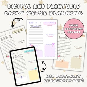 Puede incluir: Cuatro páginas de planificador digital imprimibles con diferentes fondos de colores. Cada página tiene una sección para la fecha, el versículo del día, la reflexión, las ideas clave para llevar y las notas diarias. El texto "UTILIZAR DIGITALMENTE O IMPRIMIR!" está en la parte inferior de la imagen.