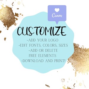 K&ouml;nnte beinhalten: Ein wei&szlig;er Hintergrund mit goldenen Farbspritzern und einer hellblauen Form mit dem Wort "CUSTOMIZE" in schwarzer Schrift. Der Text darunter listet Optionen auf: Logo hinzuf&uuml;gen, Schriftarten, Farben, Gr&ouml;&szlig;en bearbeiten, kostenlose Elemente hinzuf&uuml;gen oder l&ouml;schen und herunterladen und drucken.