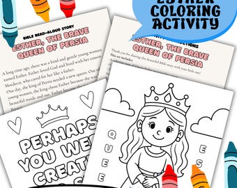 Op de afbeelding: Een afdrukbare kleuractiviteitenset met het verhaal van koningin Esther. De set bevat kleurplaten met illustraties van koningin Esther, tekst en kleurpotloden. De tekst luidt "Queen Esther Coloring Activity" en "Ready to Print."