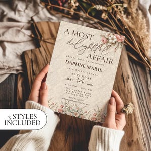 May include: A bridal shower invitation with floral accents and the text "A Most Delightful Affair." The invitation includes the name "Daphne Marie," the date, time, and location. The words "3 Styles Included" are also visible.