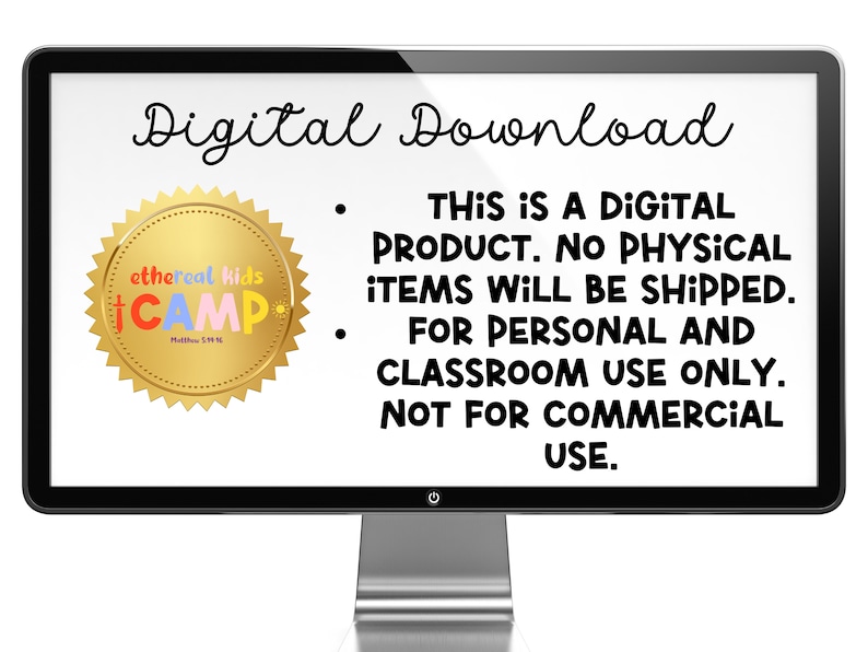 May include: A computer screen displaying a digital download notice. The text reads "Digital Download. This is a digital product. No physical items will be shipped. For personal and classroom use only. Not for commercial use."