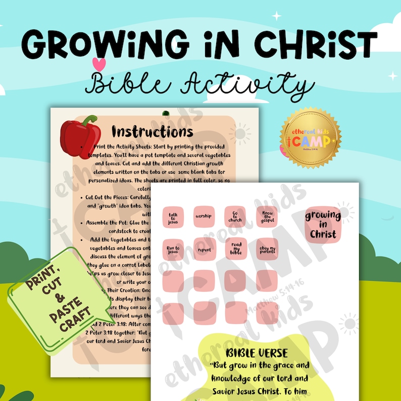 May include: A printable Bible activity for kids featuring a colorful pot, vegetables, and leaves. The activity encourages children to learn about growing in Christ. The text includes the Bible verse "But grow in the grace and knowledge of our Lord and Savior Jesus Christ. To him."