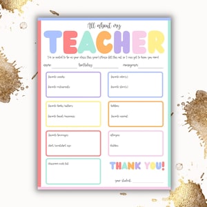 Favorite Things List, Teacher Survey, All About My Teacher Printable, Teacher Appreciation Digital Download, Student Teacher Gift