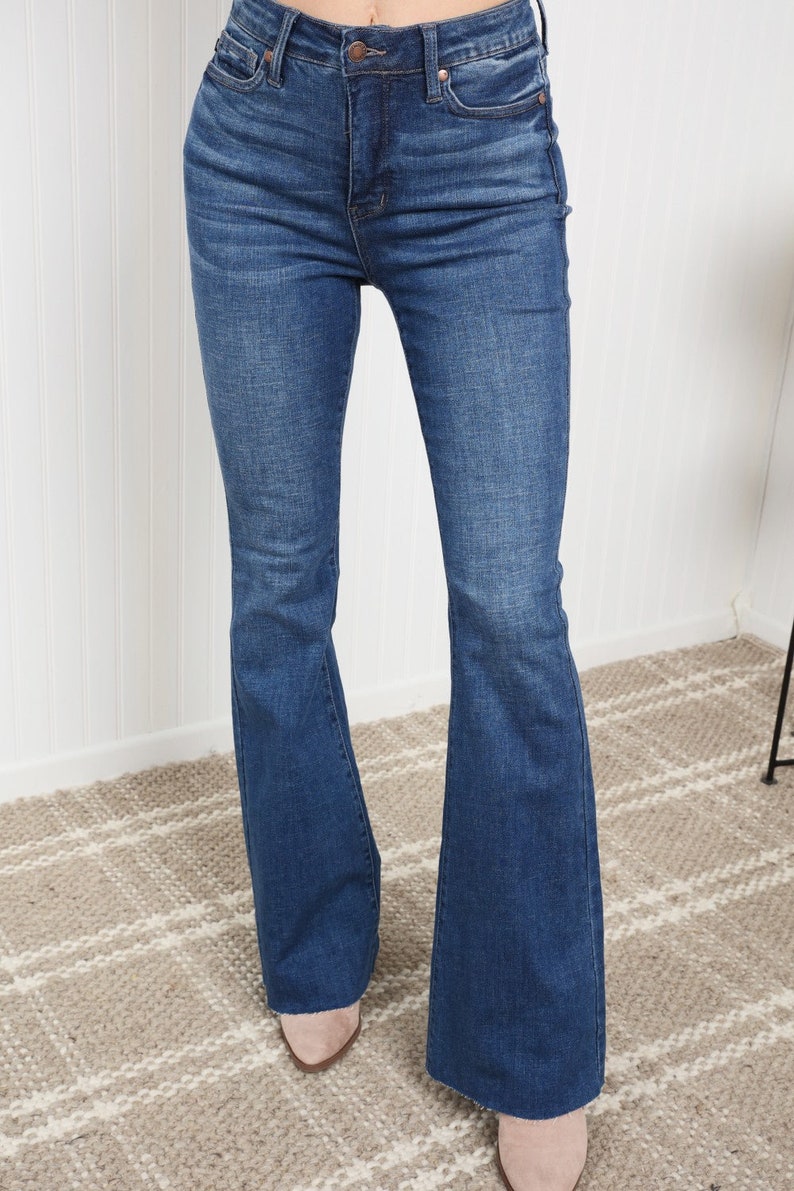 Judy Blue Tummy Control Raw Hem Flare Jeans - Etsy