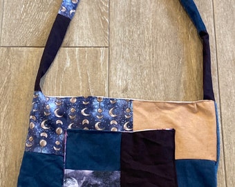 Upcycled corduroy crescent moon patchwork bag