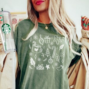 Festive Christmas Doodles Comfort Colors © Shirt, Cute Holiday Comfort Colors Tshirt, Vintage Xmas Fun Shirt for Women, Gift for Coworker