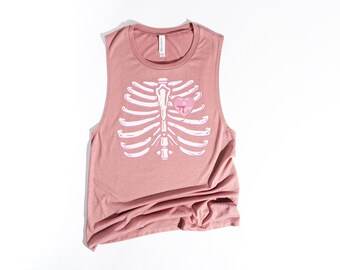 Unico Cuore Rosa Teschio Ancora Stampa Canotta Lunga Goth Punk