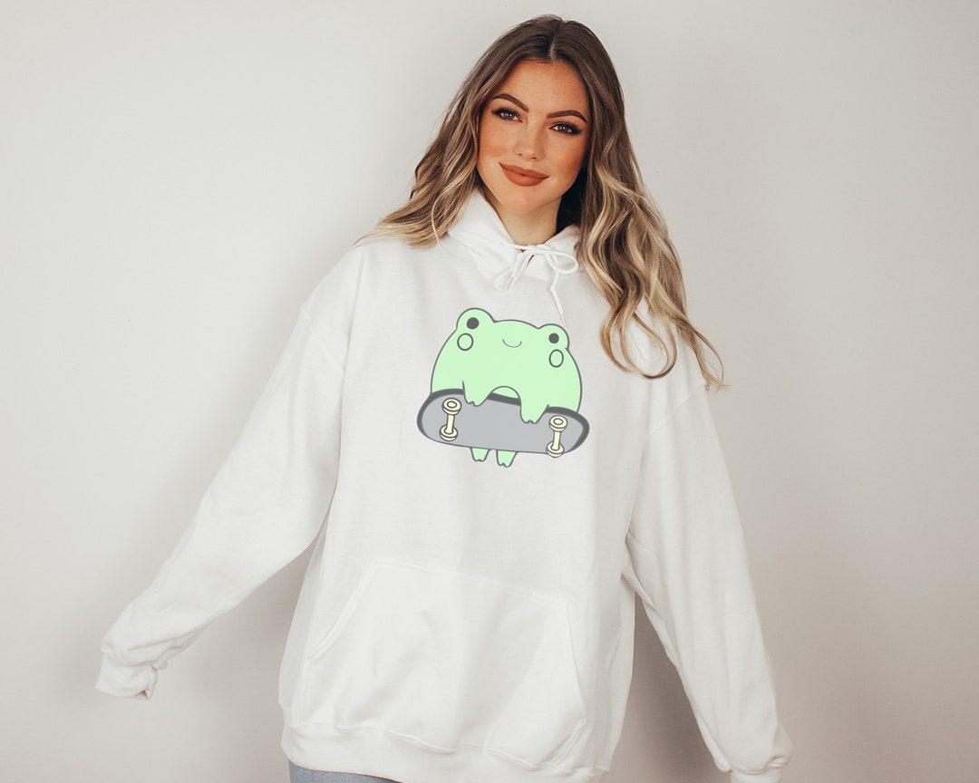 Cute Frog on Skateboard Hoodie, Harajuku Warm Pullover, Korean
