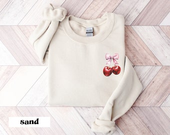Coquette Esthetisch Sweatshirt Roze Strik Crewneck, Rode Kers, Zacht Roze Kers en Lint Grafische Hoodie Trendy Vrouwen Coquette Cadeau voor haar