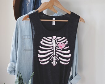 Bleeding Heart  Rib Cage Bones, Menhera Tank Shirt, Yami Kawaii, Medicalcore Alt Clothing, Menhera Kei Fashion, Pastel Goth, Creepy Cute