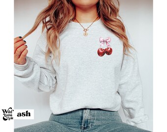Coquette Esthetisch Sweatshirt Roze Strik Crewneck, Rode Kers, Zacht Roze Kers en Lint Grafische Hoodie Trendy Vrouwen Coquette Cadeau voor haar