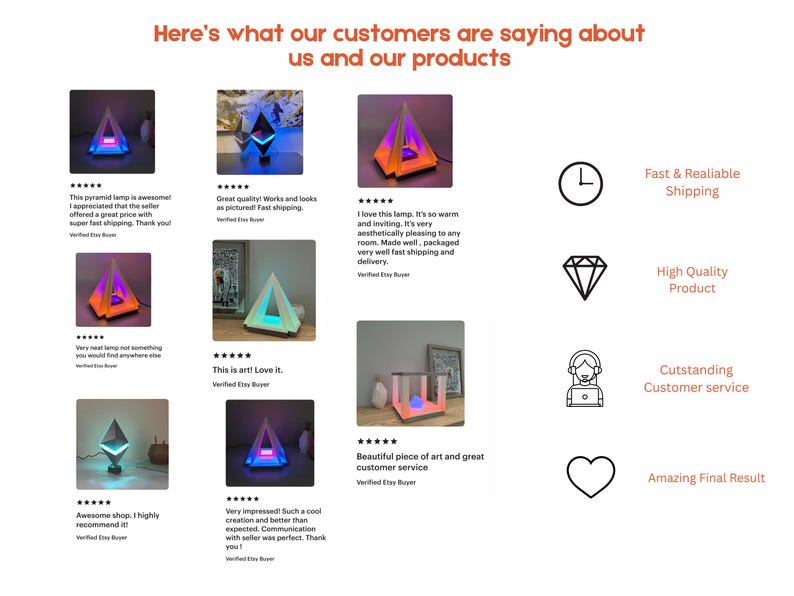 May include: A collection of customer reviews for a pyramid-shaped lamp with a multi-coloured light display. The reviews highlight the lamp's quality, fast shipping, and excellent customer service. The reviews include text such as "This is art! Love it." and "Awesome shop. I highly recommend it!"