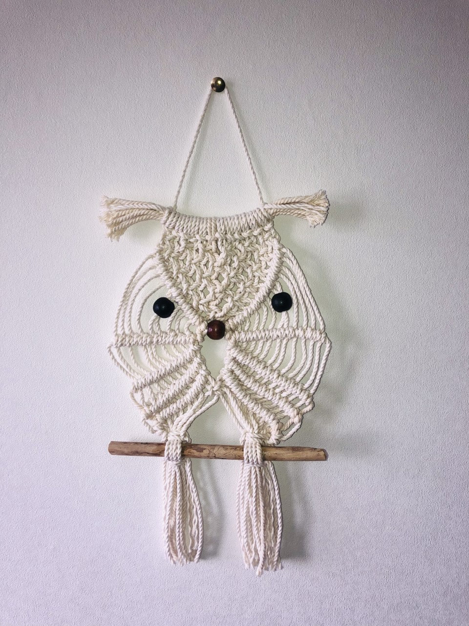 Hibou Macramé Ecru et Perles Bois Vernis