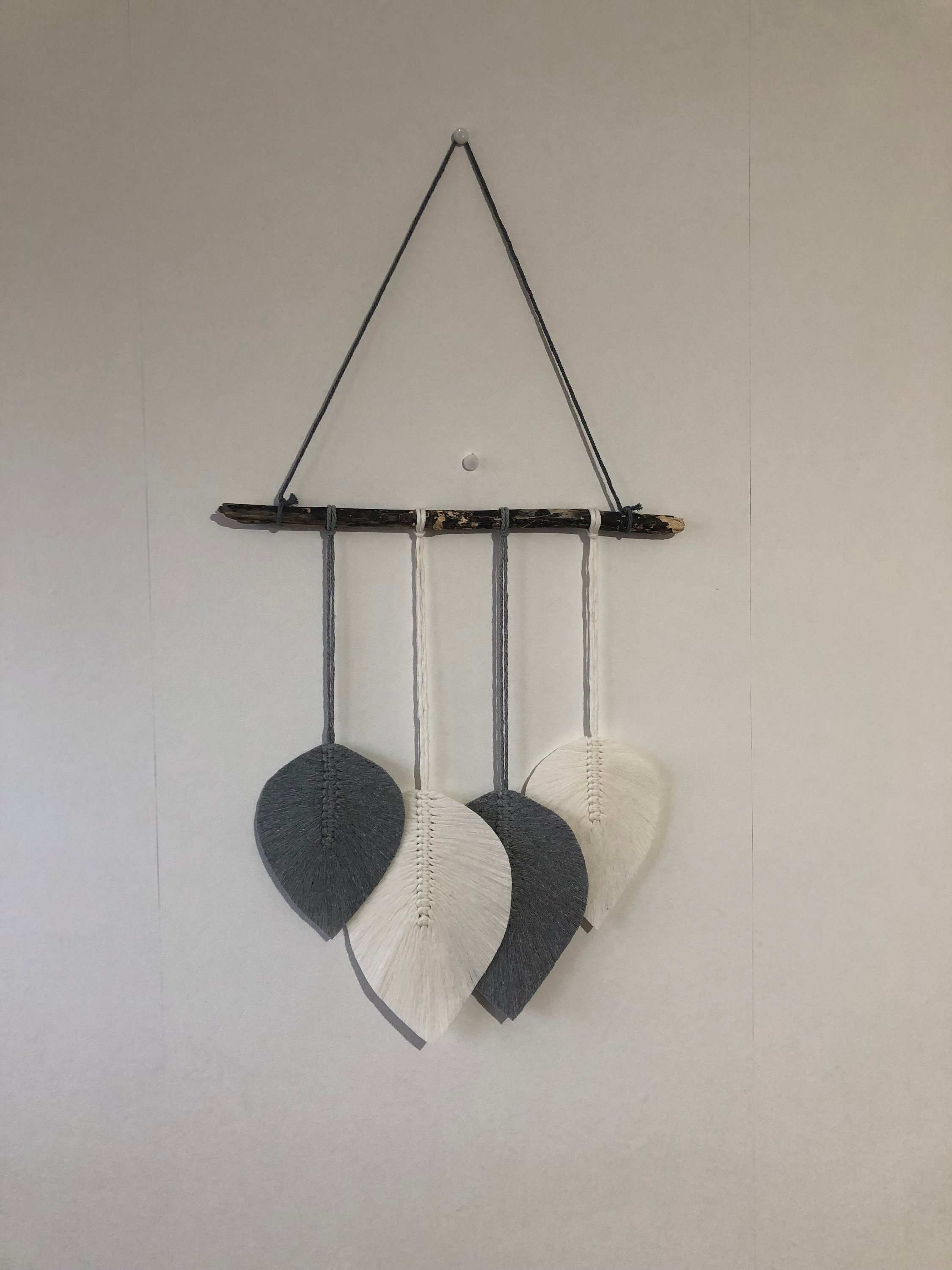 Suspension 4 Plumes Macramé Gris/Crème