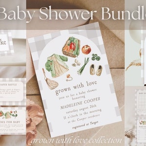 Grown with Love Baby Girl&#39;s Farmer&#39;s Market Baby Shower Bundle, Locally Grown Baby Shower Invite Complete Bundle Editable Templates
