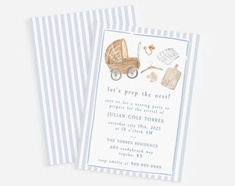May include: Baby shower invitation with a watercolor illustration of a vintage stroller, a hanger, and a cutting board. The invitation has blue and white striped backing and includes the text "let's prep the nest!" and event details.