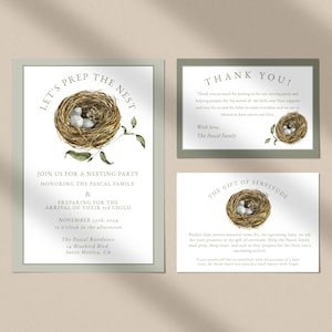 Inbjudningspaket till bofest, babyförberedelser, redigerbar mall