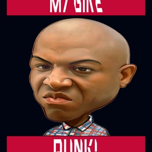 May include: A cartoon illustration of a bald man with a serious expression. He is wearing a red and blue checked shirt. The text "MY BIKE" is above him and "PUNK!" is below him.