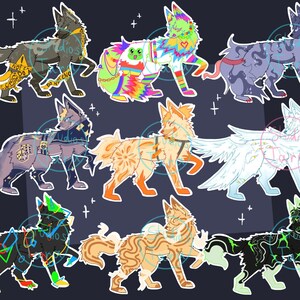 Puede incluir: Nueve ilustraciones digitales de lobos coloridos con diferentes diseños y poses. Los lobos están dibujados en un estilo de dibujos animados y tienen varios accesorios, que incluyen una corona, un collar y alas.