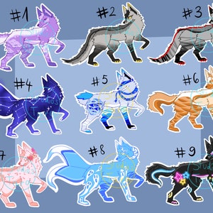 May include: Nine digital illustrations of colourful wolves with different designs. Each wolf is numbered from 1 to 9.