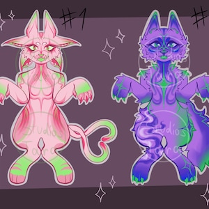 May include: Two digital illustrations of cartoon animals. The first is a pink cat-like creature with green accents and a heart-shaped tail. The second is a purple wolf-like creature with green accents and a smoky tail. Both are labelled with numbers.