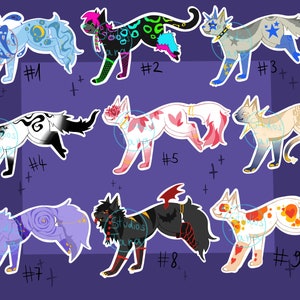May include: Nine digital illustrations of cats with different coloured fur and patterns. Each cat is numbered from 1 to 9. The cats are on a purple background.