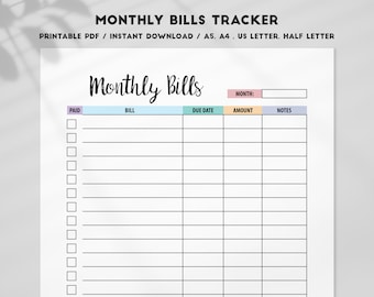 Monthly Bill Tracker, Monthly Bill Log, Bill Planner, Bill Payment Checklist, Bill Payment Tracker, Instant Download