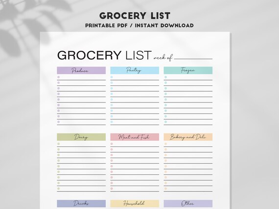 Grocery List Printable Print at Home Grocery List Grocery | Etsy