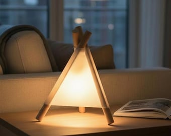White Color Tent Table Lamp, Minimalist Lighting, Wood Bulb, Home Decor, Organic  Refined Design