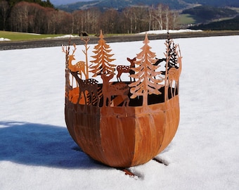 Patina fire bowl with forest scene - fire pot - fire pit