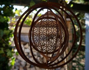 ¡El original! Carillón de viento "Flor de la Vida": sólido, de alta calidad, con acabado oxidado, decoración de jardín, para colgar, ¡un regalo para cualquier ocasión!