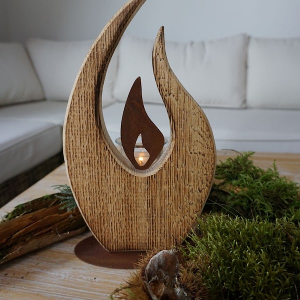 Lampe de table "Flamme" - patine - bois